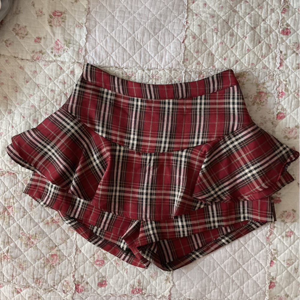 Red tartan ruffle skirt with shorts